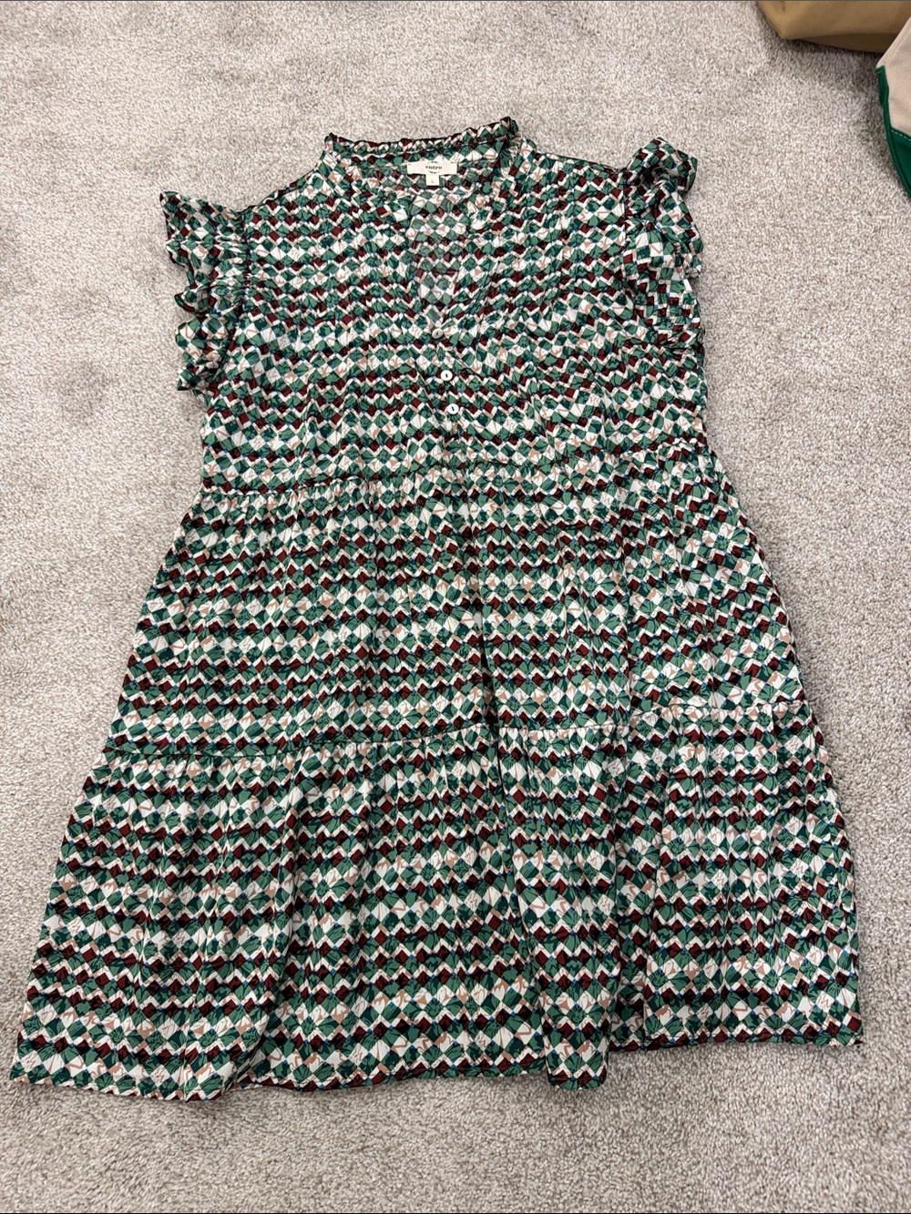 Patterned Ruffle Sleeve Dress - Green Multi